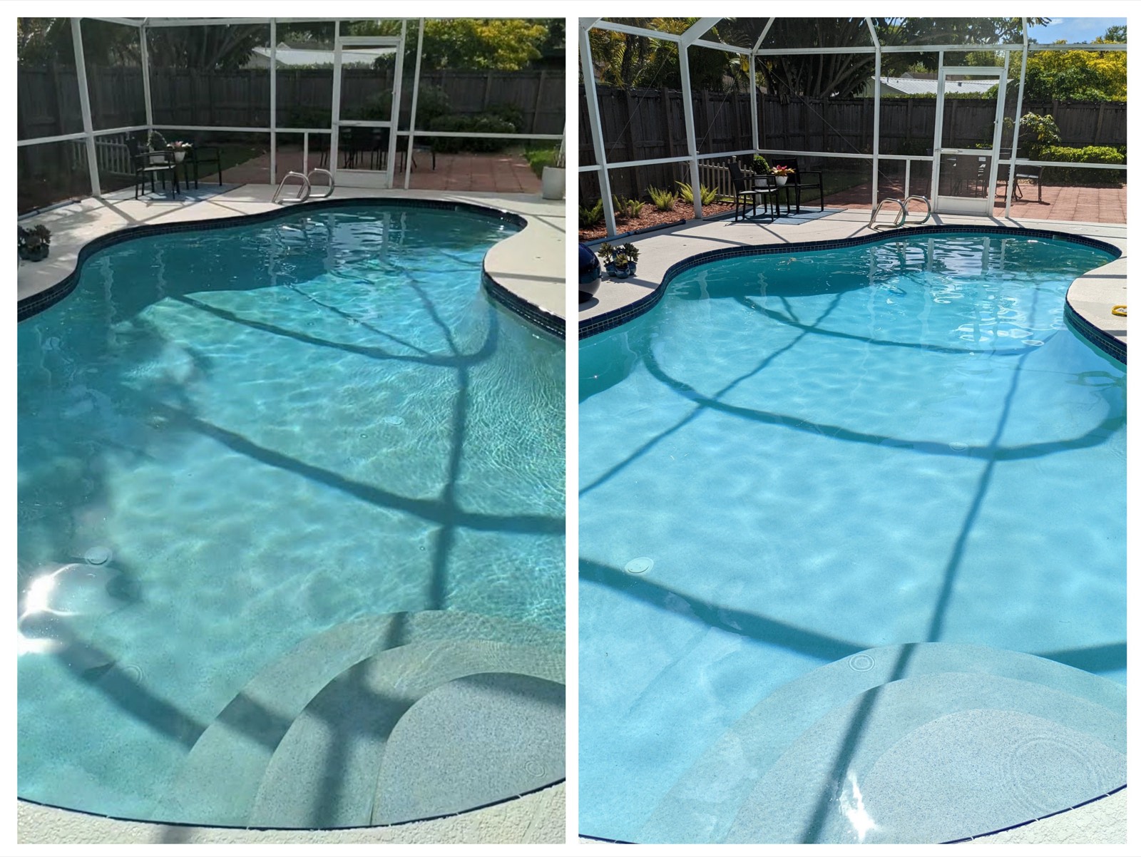 Before and after: hazy freeform lagoon pool restored to clear blue water on a paver patio
