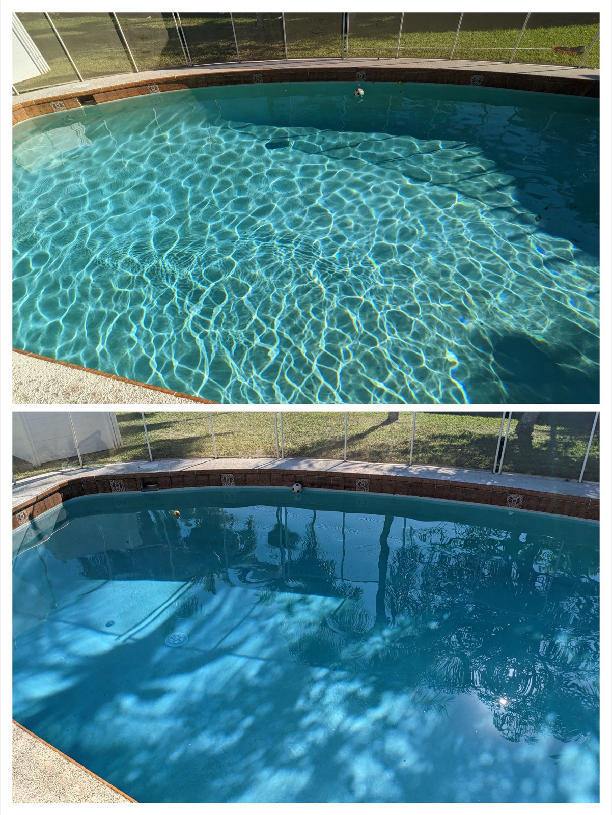 Before and after clarity comparison of a screened-in pool enclosure